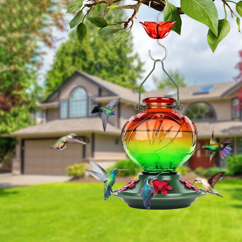 BOLITE Hummingbird Feeder, Glass Hummingbird Feeders for Outdoors Hanging, 22 Ounce, Five Feeding Ports with Perch, Peony Flower Shape, Orange and Green, Gifts for Women Men, Gifts for Mom Dad - Image 3